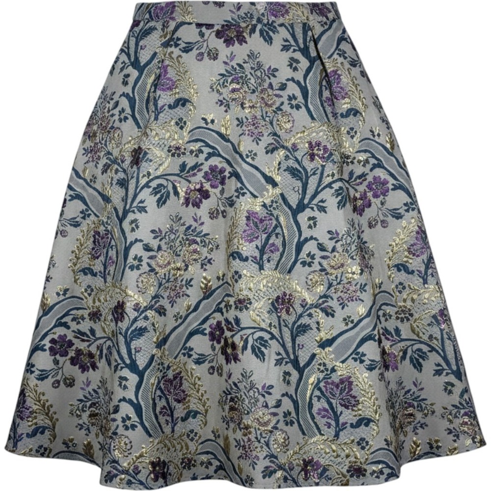 Chicwish Floral Jacquard Midi Skirt Gold Purple Metallic Pleated‎ A-Line Size L